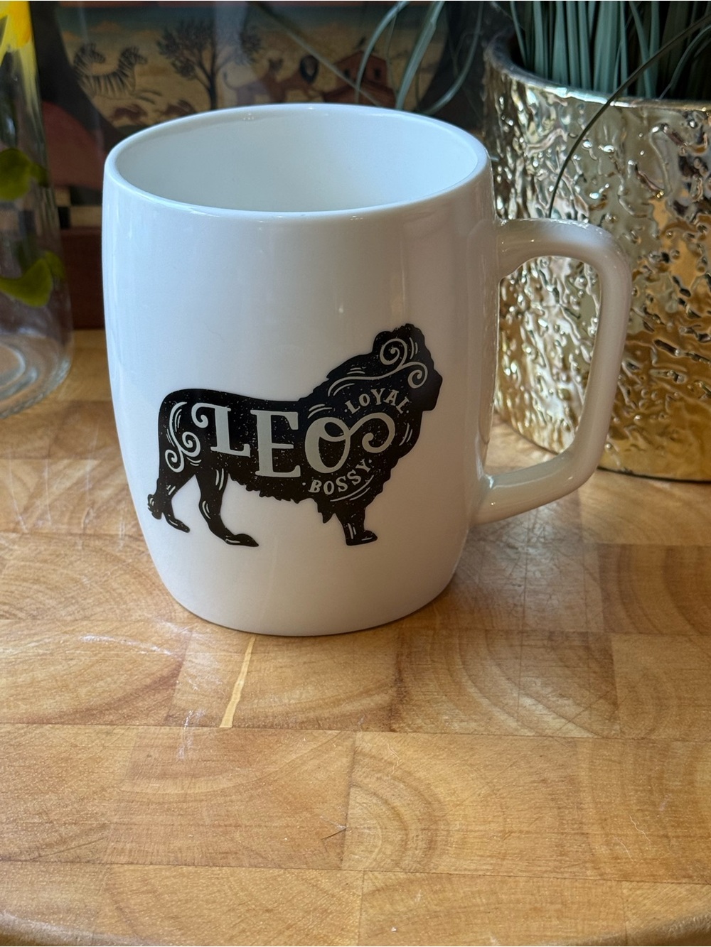 Leo White Ceramic Mug with Black Lion Design